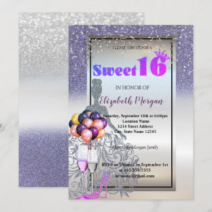 Silver Violett Glittrande Klänning, Glas Sweet 16 Inbjudningar