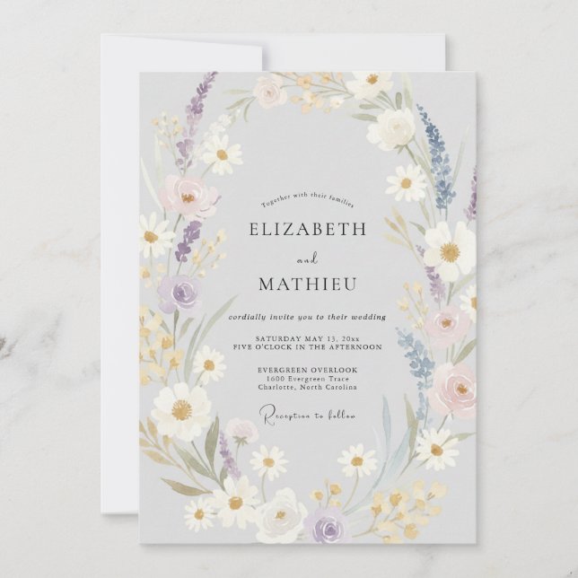 Silver Violetta Vildblomma Bröllop Inbjudningar (Framsida)