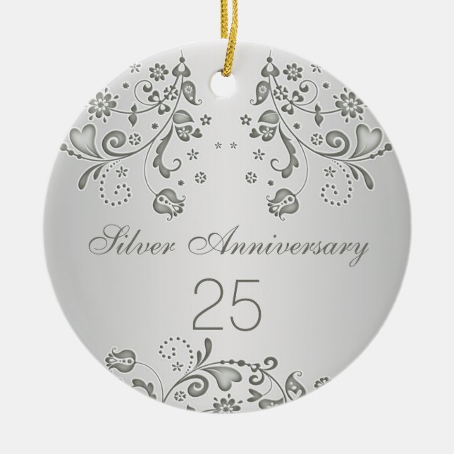 Silver virvlar runt den 25th bröllopsdagprydnaden julgransprydnad keramik (Framsidan)