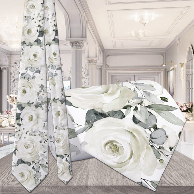 Silver Vit Blommig Grönska Bröllop Halsduk Slips (Skapare uppladdad)
