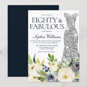Silver, vit Blommigt, 80:e Födelsedagsfesten Inbjudningar