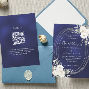Silver, vit blommigt bröllop QR OSA Inbjudningar