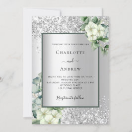 Silver vit blommigt eucalyptus elegant bröllop inbjudningar