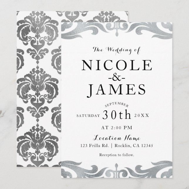 Silver & Vit Damask Chic Elegant Minimal Bröllop Inbjudningar (Fram/baksida)