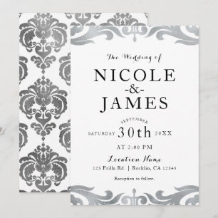 Silver & Vit Damask Chic Elegant Minimal Bröllop Inbjudningar