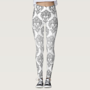 Silver & Vit Damask Chic Modern Elegant Mönster Leggings