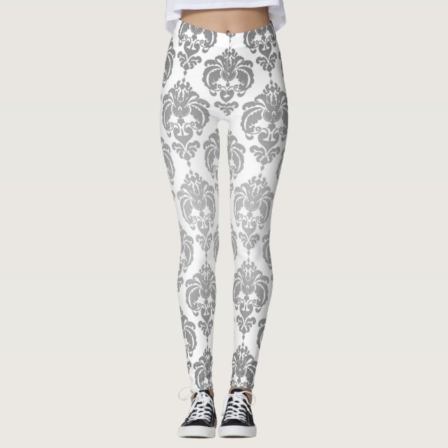 Silver & Vit Damask Chic Modern Elegant Mönster Leggings (Framsida)
