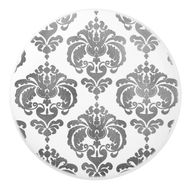 Silver & Vit Damask Elegant Skläddressör Knopp (Framsidan)