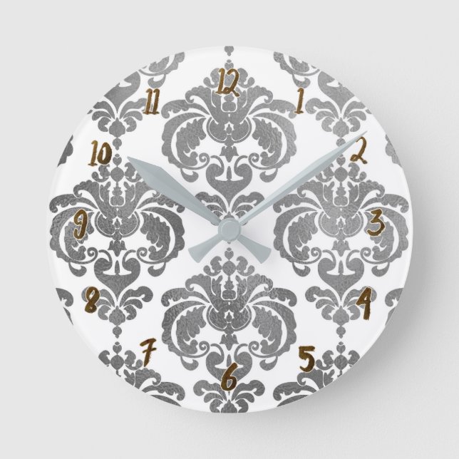 Silver & Vit Damask Glam Modern Personlig Rund Klocka (Framsida)