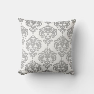 Silver & Vit Damask Modern Elegant Mönster Kudde