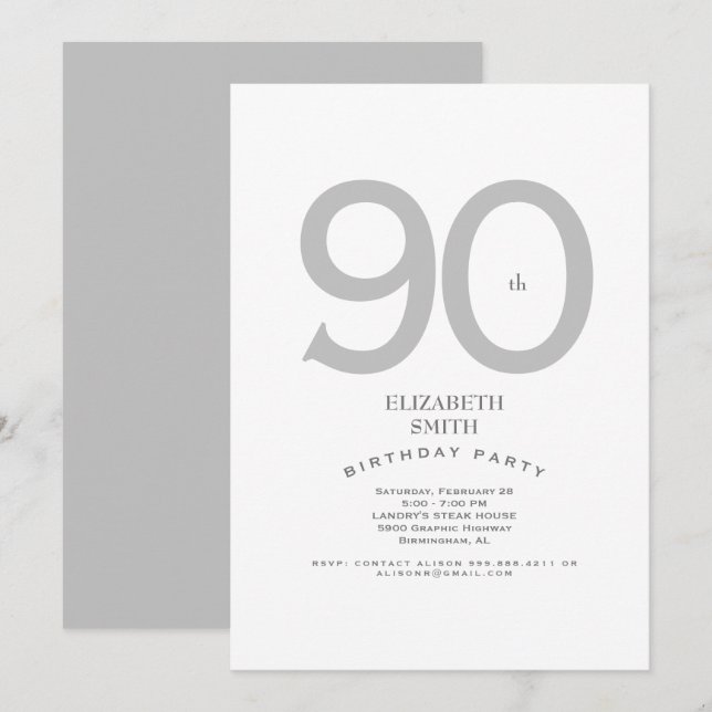 Silver & Vit Elegant 90-årsfest Inbjudningar (Fram/baksida)