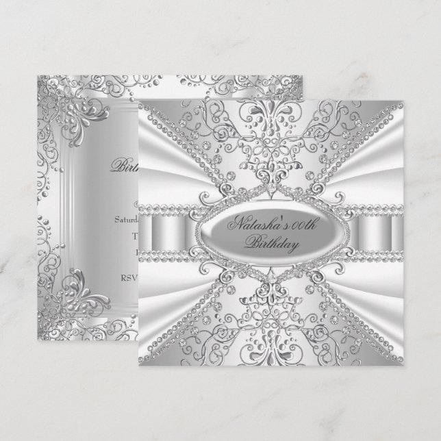 Silver & Vit Födelsedagsinbjudan i Jewel Damask Inbjudningar (Fram/baksida)