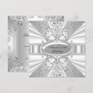 Silver & Vit Födelsedagsinbjudan i Jewel Damask Inbjudningar