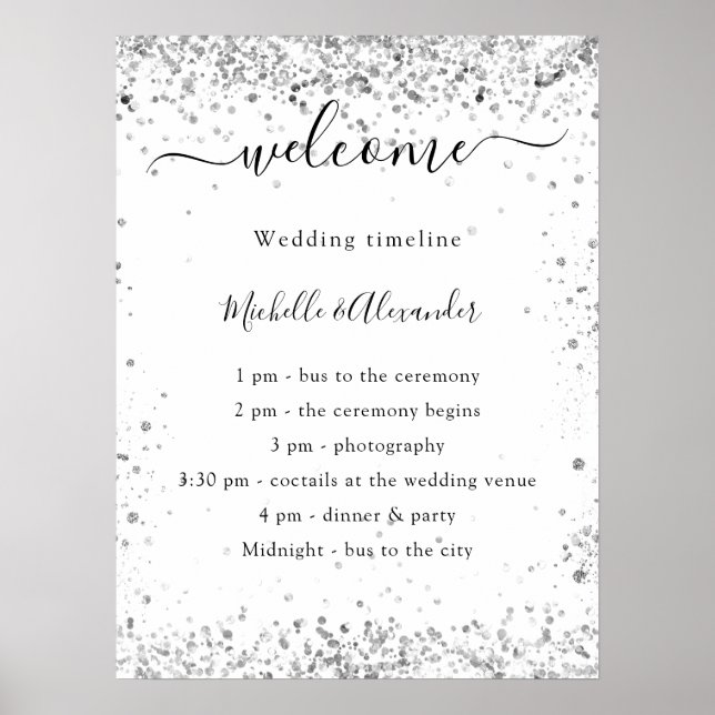 Silver vit glitter elegant bröllopsprogram poster (Framsidan)