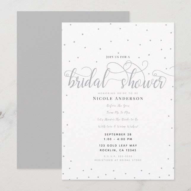 Silver & Vit Modern Minimal Skrift Bröllopsdusch Inbjudningar (Fram/baksida)