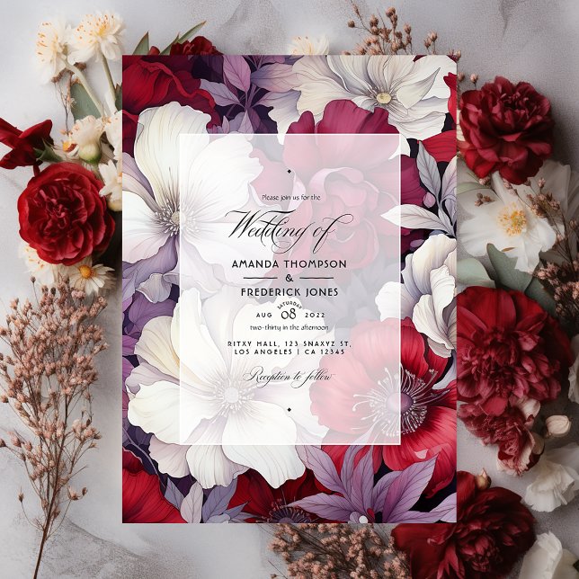 Silver, vit och djupröd blomsterbröllop inbjudningar (Skapare uppladdad)