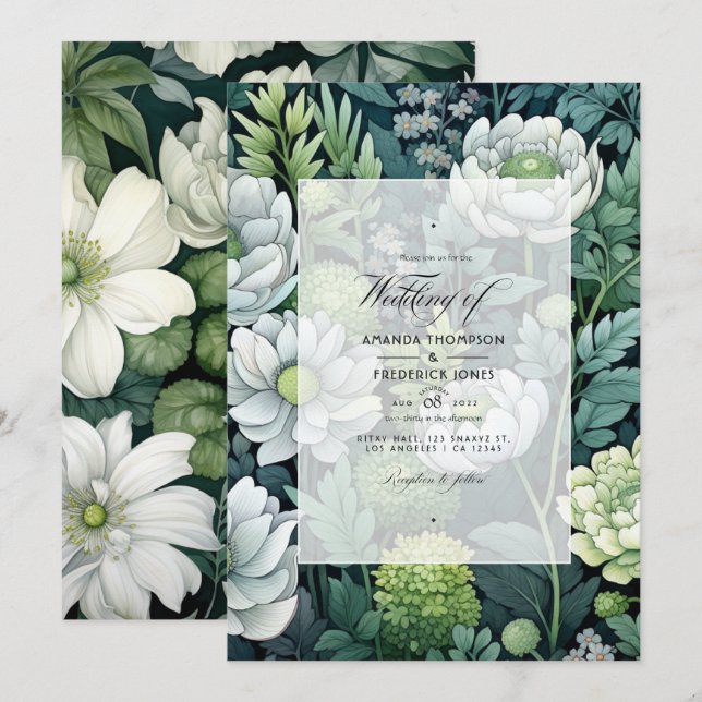 Silver, vit och skoggrön blomsterbröllop inbjudningar (Fram/baksida)