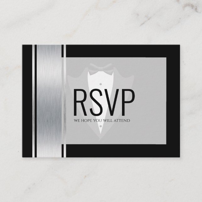 Silver, vit och svart rand tuxedo-bachelor pla placeringskort (Framsida)