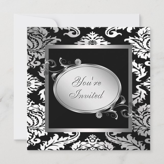 Silver Vit Svart Damask Fest Inbjudningar (Framsida)