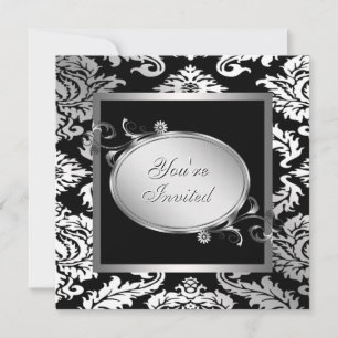 Silver Vit Svart Damask Fest Inbjudningar