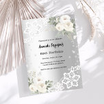 Silver vita blommigtar diamanter lyxfödelsedag inbjudningar<br><div class="desc">För en elegant 60:e (eller någon ålder) födelsedagsfest. En faux silver tittar bakgrund som dekoreras med vita blommigtar,  ro,  faux-diamanter och vita snöre. Anpassa och lägg till ditt namn och information om party.</div>