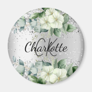 Silver, vita blommigtar elegant monogram namn magnet