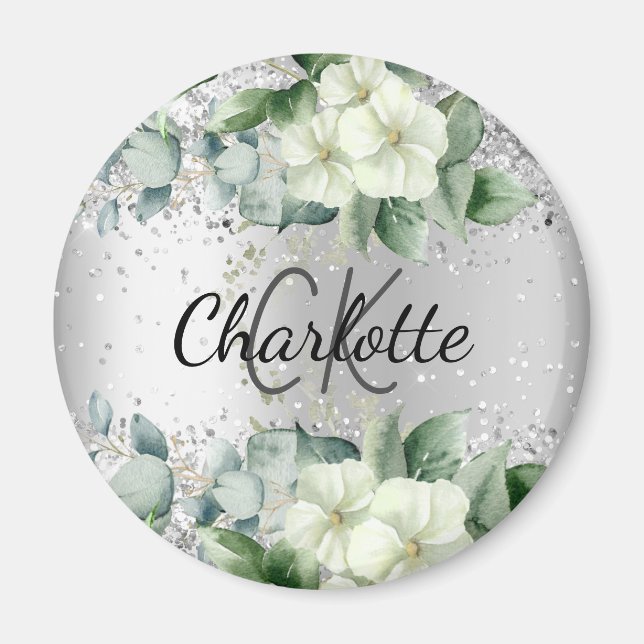 Silver, vita blommigtar elegant monogram namn magnet (Framsidan)