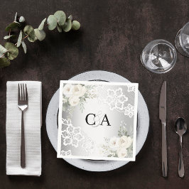 Silver, vita blommigtar, monogram bröllop pappersservett
