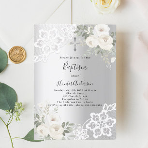Silver, vita blommigtar snöre, baptism inbjudningar