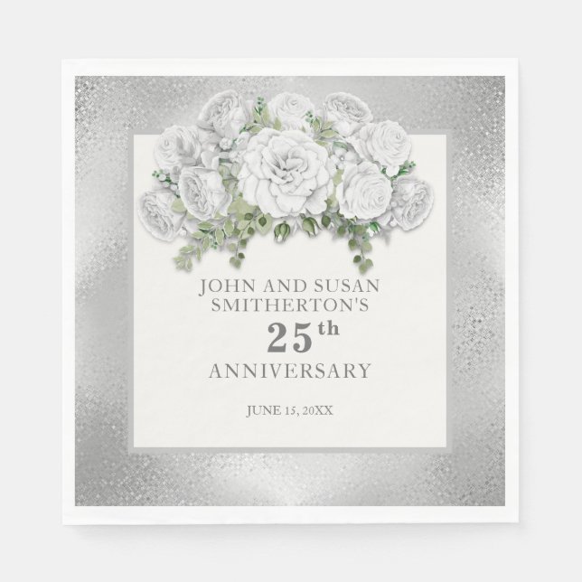 Silver Vita Blommor 25-årsjubileum Pappersservett (Framsidan)