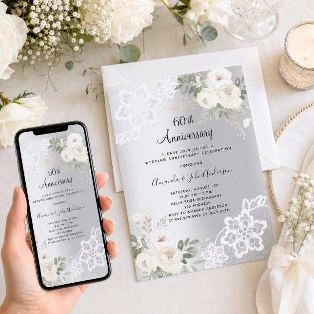 Silver vita blommor 60-års bröllopsjubileum inbjudningar (Skapare uppladdad)
