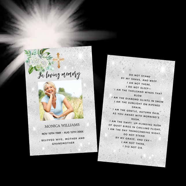 Silver vita fotopapperkort för kor begravningsbön visitkort (Skapare uppladdad)