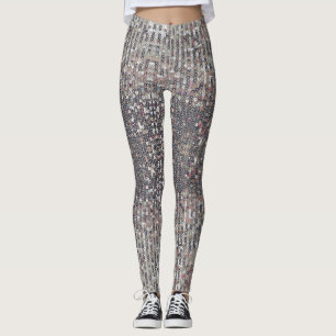 Silver vita kristallsekvenser mönster leggings