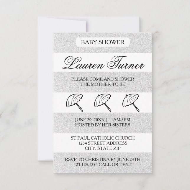 Silver & Vita Ränder - 3x5 Baby Shower Inbjudan (Framsida)