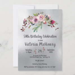 Silver Watercolor Blommigt Frosty Ro Birthday Inbjudningar