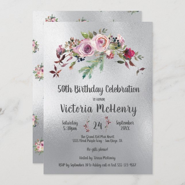 Silver Watercolor Blommigt Frosty Ro Birthday Inbjudningar (Fram/baksida)