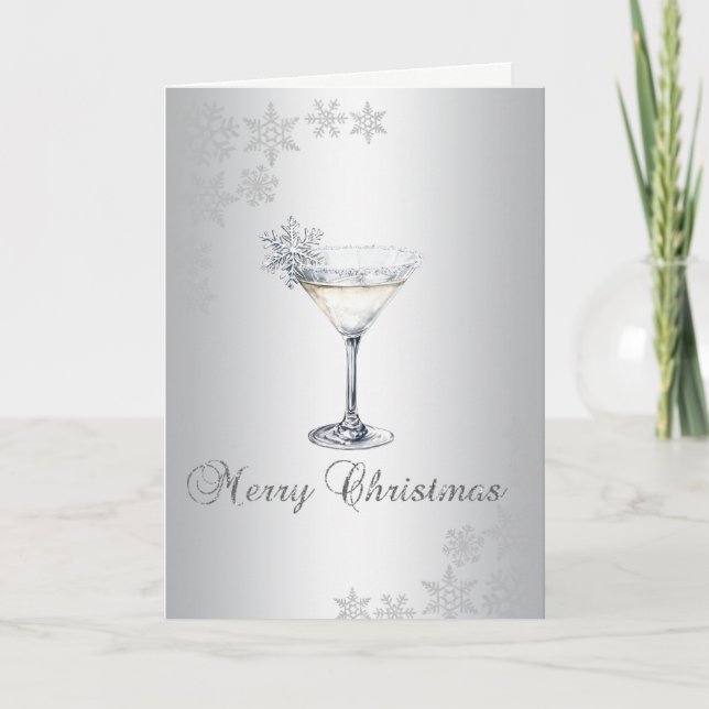  Silver Watercolor Christmas Cocktail Snowflakes Helgkort (Framsida)