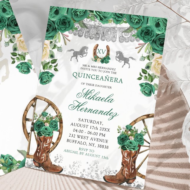 Silver Western Grönt Hunter Horse Quinceanera Inbjudningar (Skapare uppladdad)