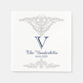 Silver White and Navy Damask Wedding Napkin Pappersservett