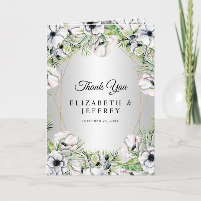 Silver White Anemone Guld Geometric Bröllop Tack Kort (Framsida)