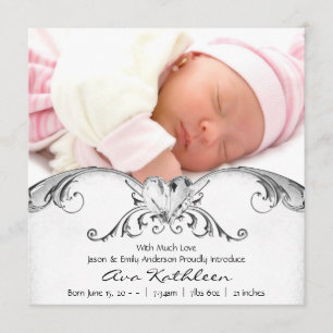 Silver White Baby Girl Foto Födelse Tillkännagivan Meddelande
