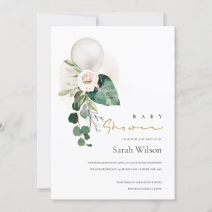SILVER WHITE BALLOON BLOMMIGT BABY SHOWER INBJUDAN
