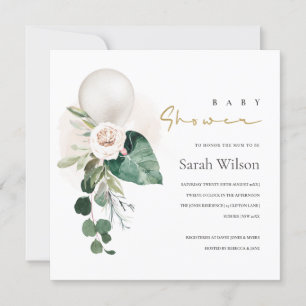 SILVER WHITE BALLOON BLOMMIGT BABY SHOWER INBJUDAN