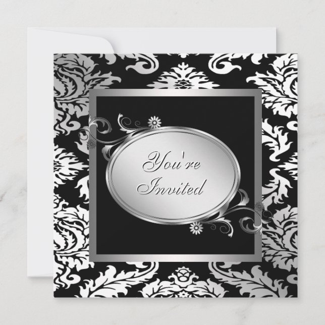Silver White Black Damask Party Inbjudningar (Framsida)