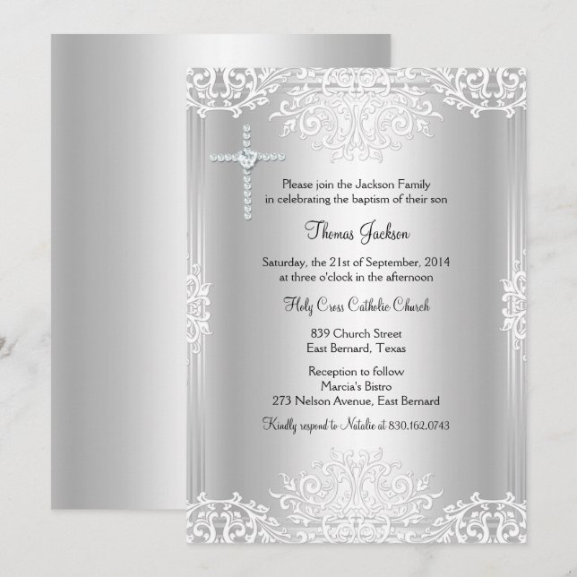 Silver White Damask Baptism/Christening Inbjudan (Fram/baksida)
