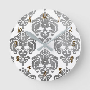 Silver & White Damask Glam Modern Personlig Rund Klocka