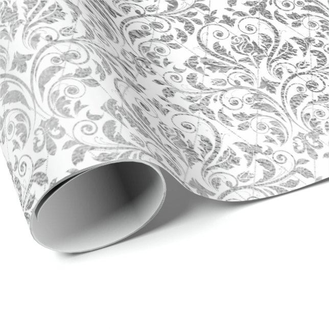 Silver White Damask Grått Net Fet Diamond  Presentpapper (Rullad Hörn)