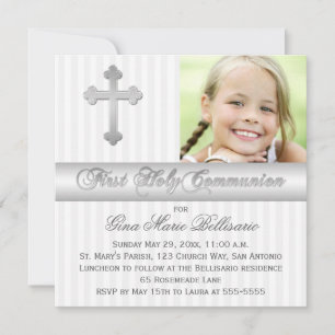 Silver White First Heliga Communion Photo Inbjudan