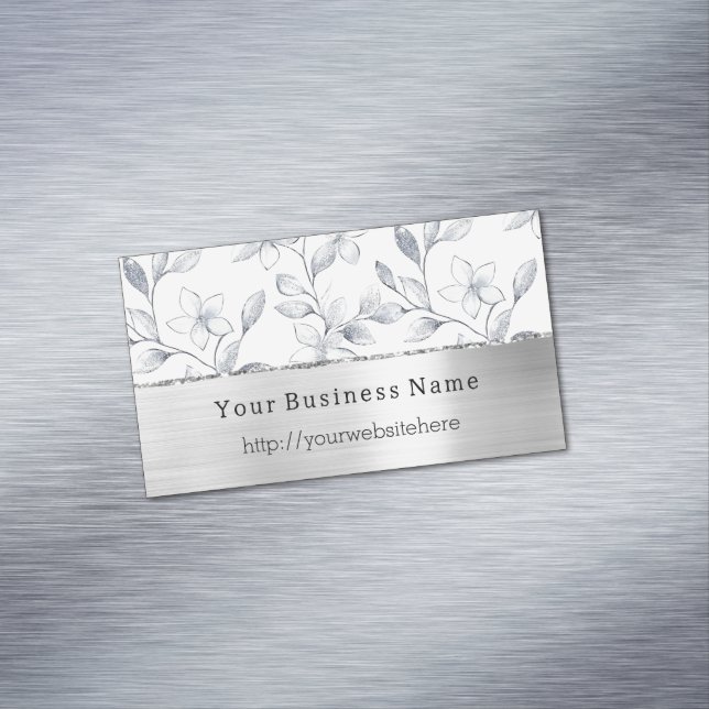 Silver White Floral Business name website Magnetiska Visitkort (In Situ)