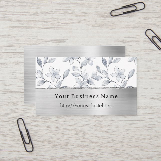 Silver White Floral Business name website Visitkort (Fram/Back In Situ)